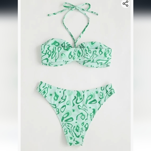 Milumia O'Ring  Tie Back Halter Bikini Set Allover Print in Green Size L - Picture 2 of 9